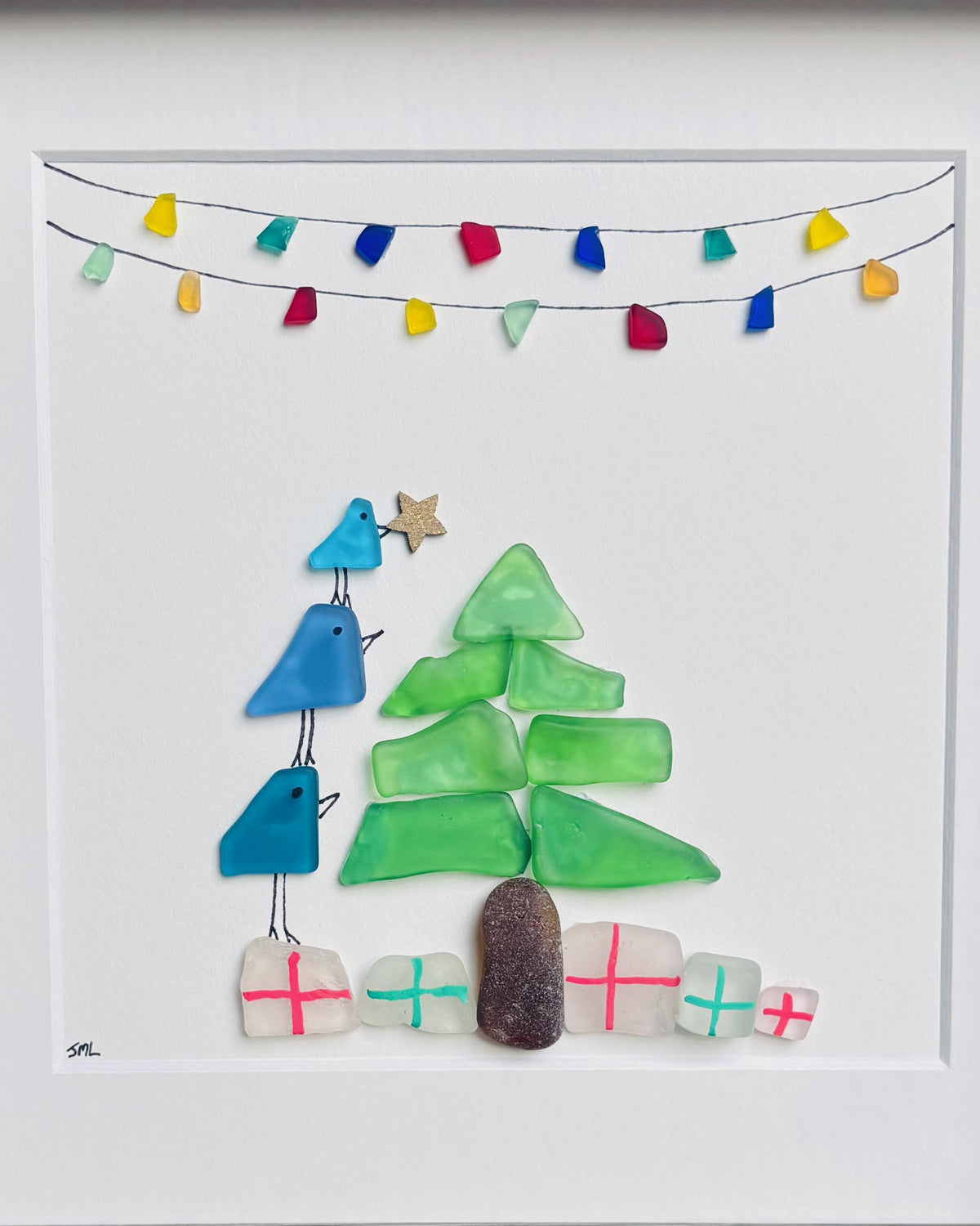 Christmas Sea Glass Art | Holiday Tree & Birds Artwork | Scottish Sea Glass
