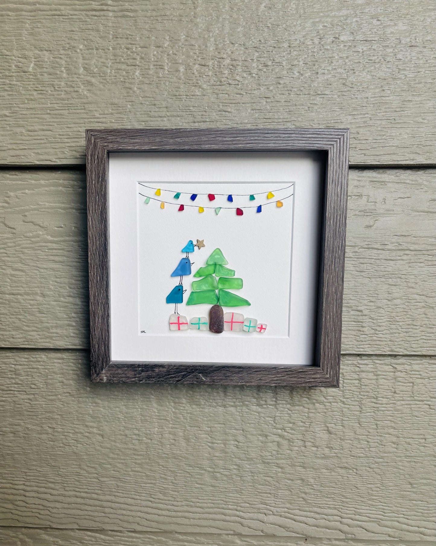 Christmas Sea Glass Art | Holiday Tree & Birds Artwork | Scottish Sea Glass