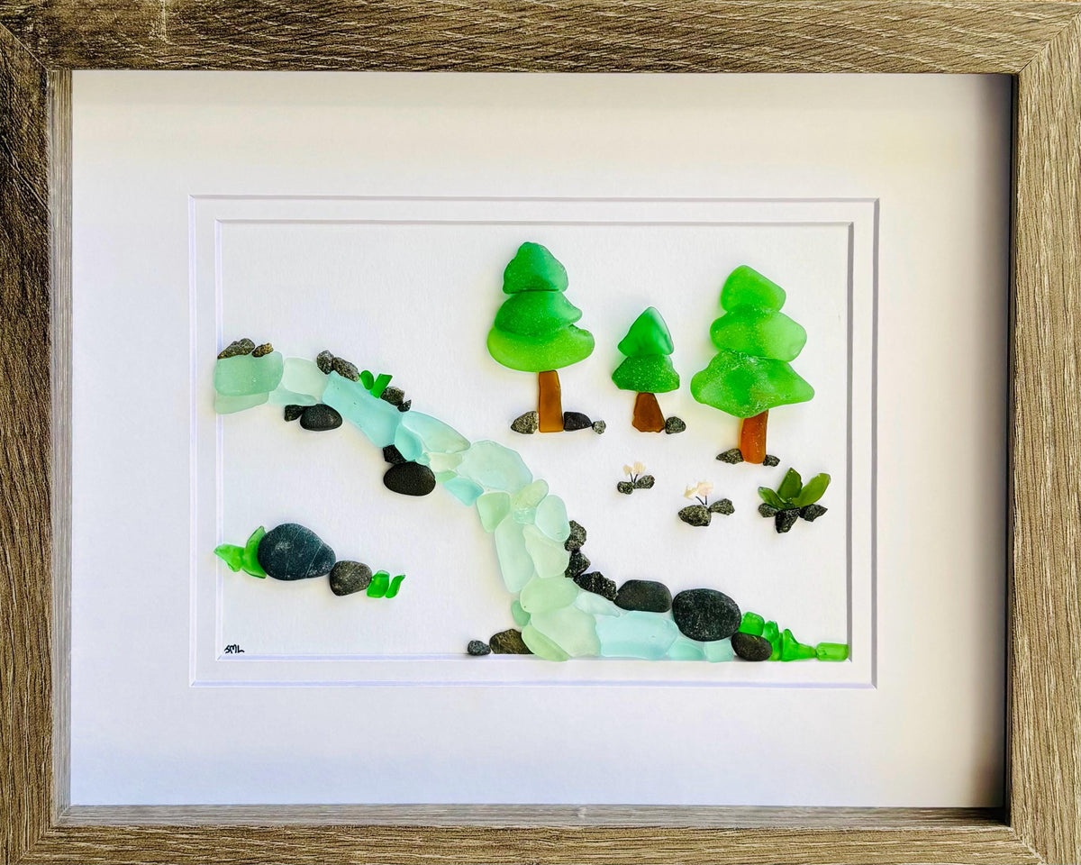 Sea Glass River Art with Trees – Handmade Nature Wall Decor | Sea Glass Stream