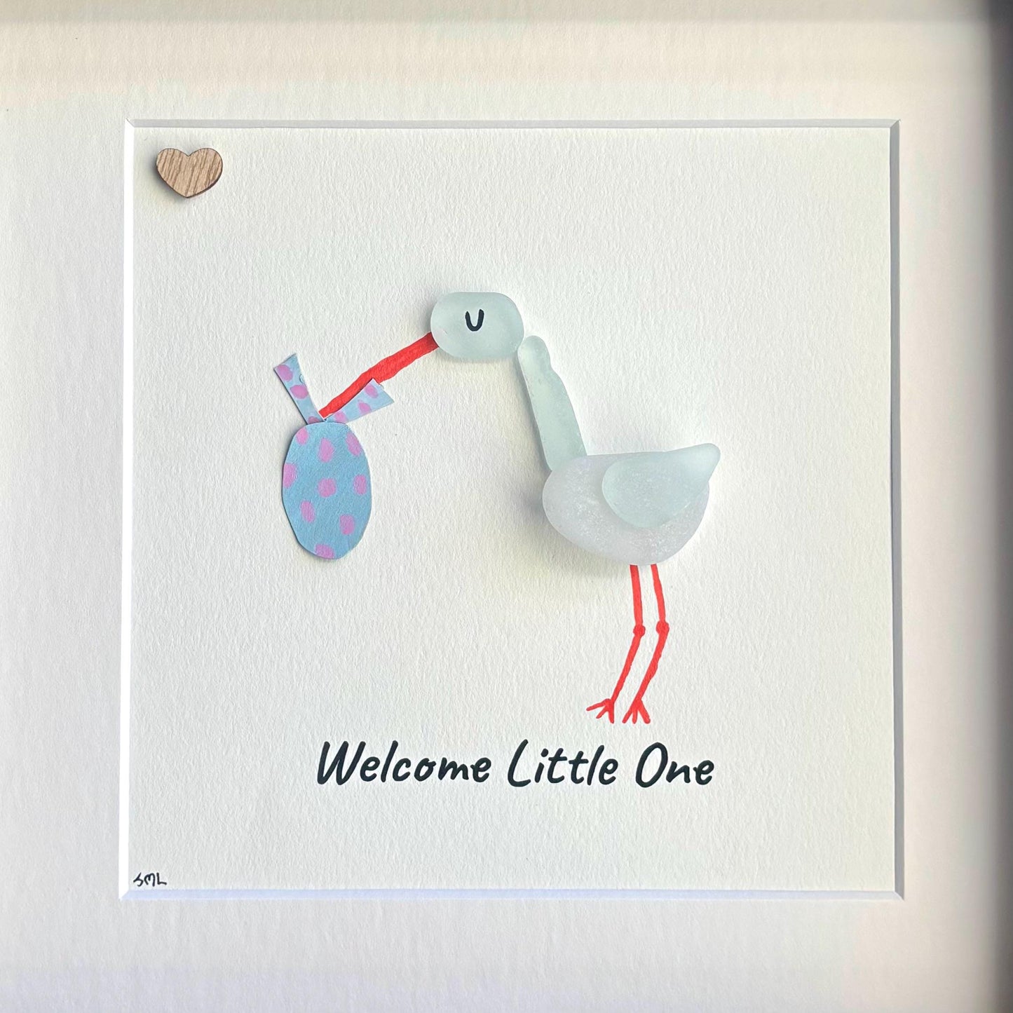 Handmade Stork Sea Glass Artwork | New Baby Gift | Welcome Little One