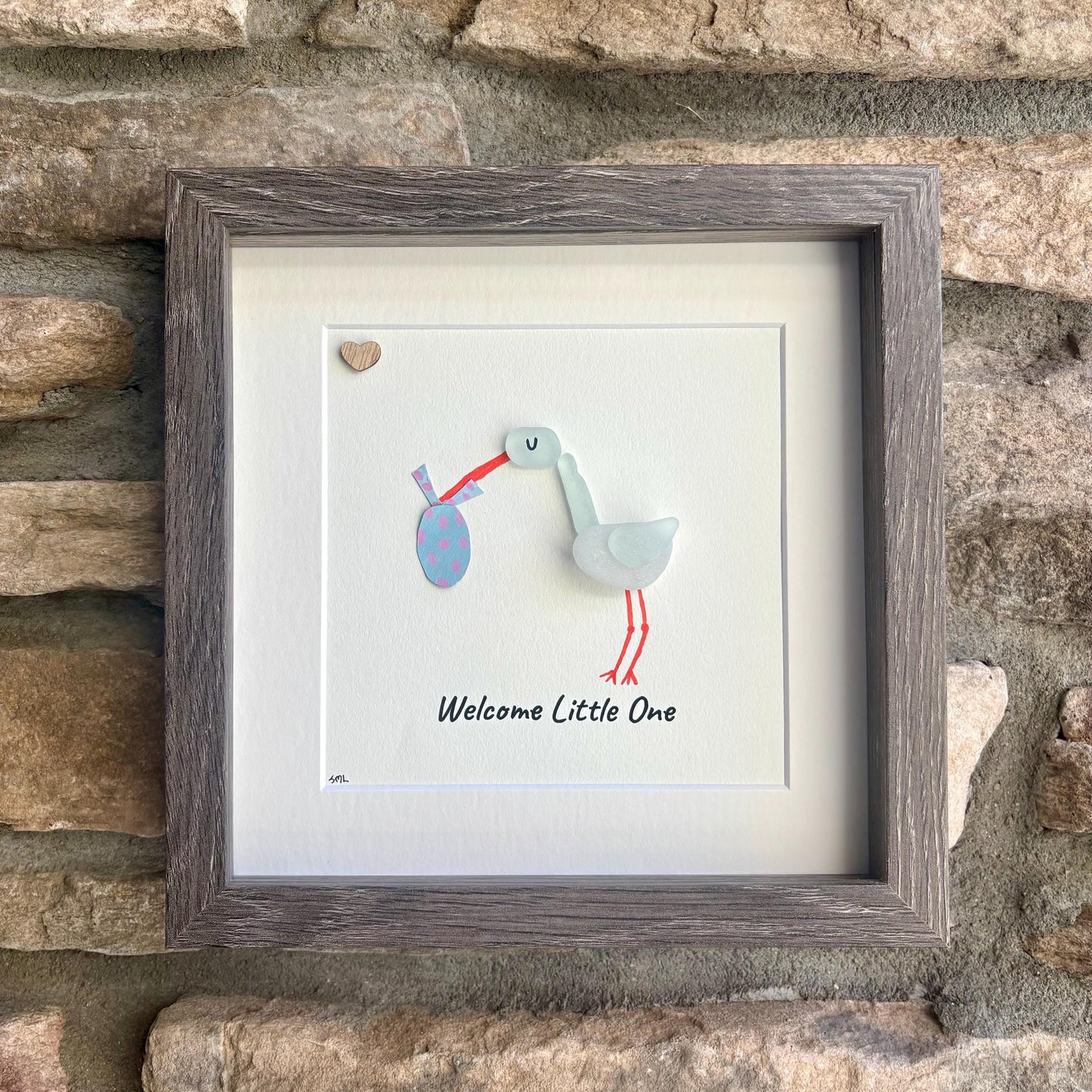 Handmade Stork Sea Glass Artwork | New Baby Gift | Welcome Little One
