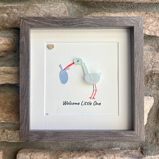 Handmade Stork Sea Glass Artwork | New Baby Gift | Welcome Little One