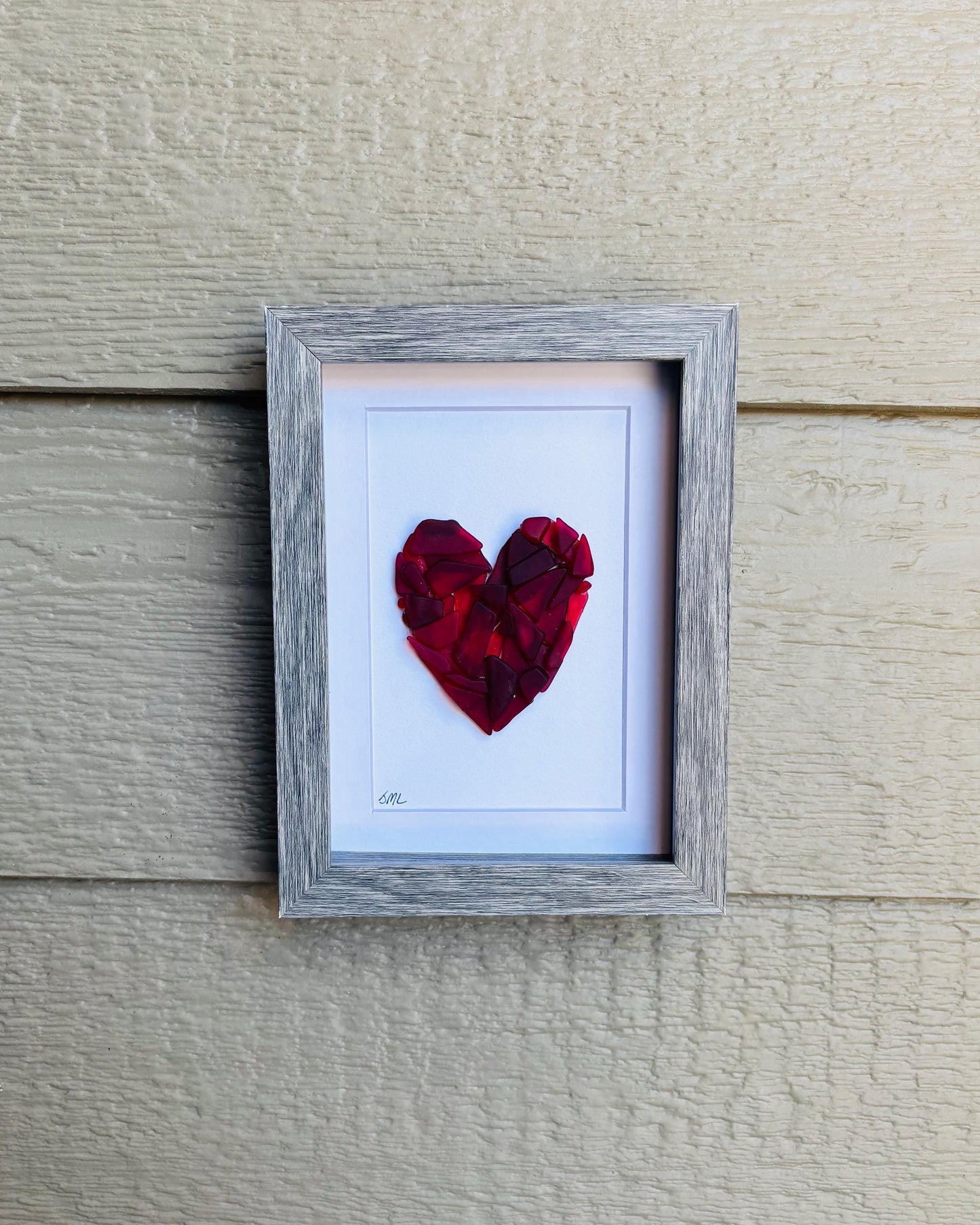 Sea Glass Love Heart Art, Valentine’s Day, 6x8” Framed Handmade in Shades of Red
