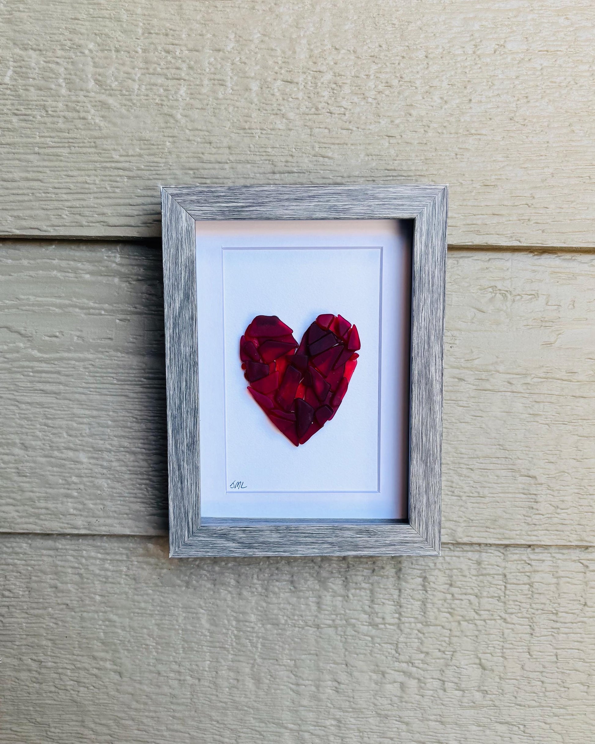 Sea Glass Love Heart Art, Valentine’s Day, 6x8” Framed Handmade in Shades of Red
