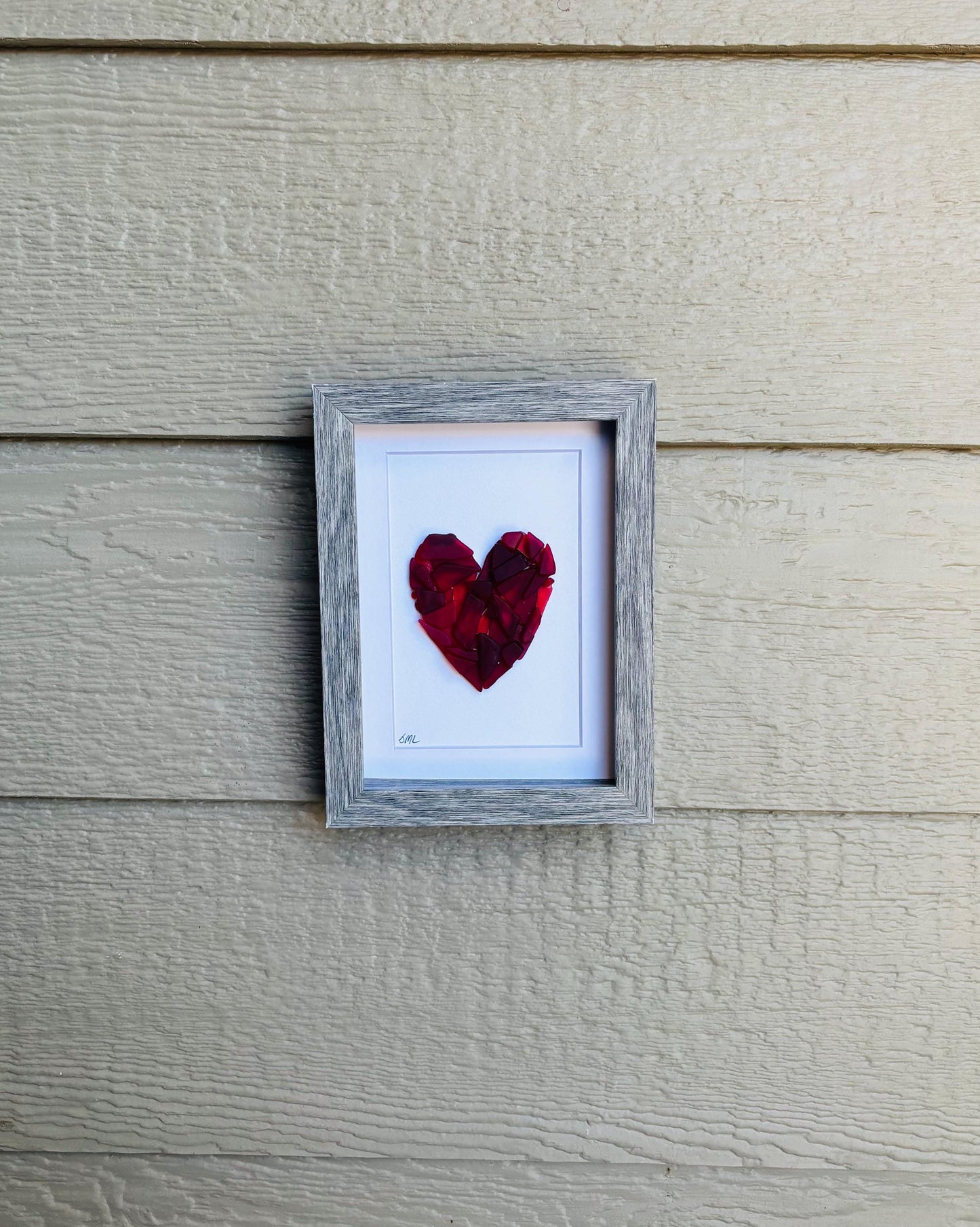 Sea Glass Love Heart Art, Valentine’s Day, 6x8” Framed Handmade in Shades of Red