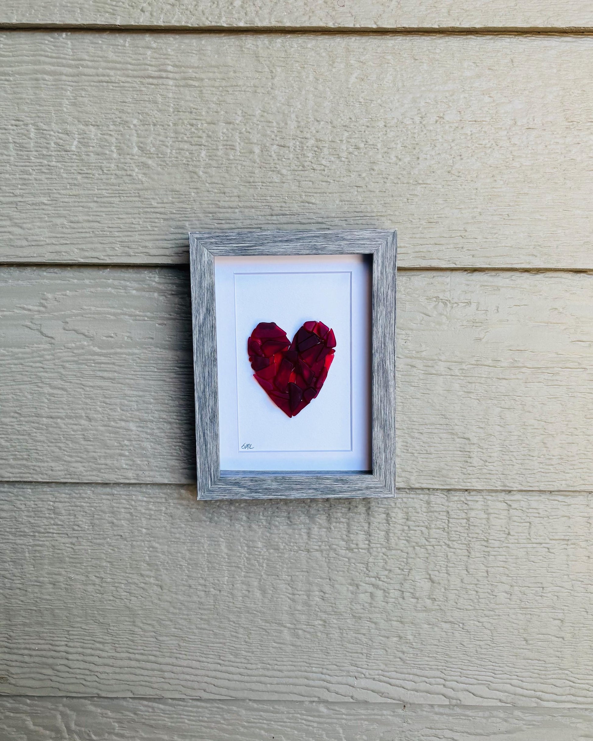 Sea Glass Love Heart Art, Valentine’s Day, 6x8” Framed Handmade in Shades of Red