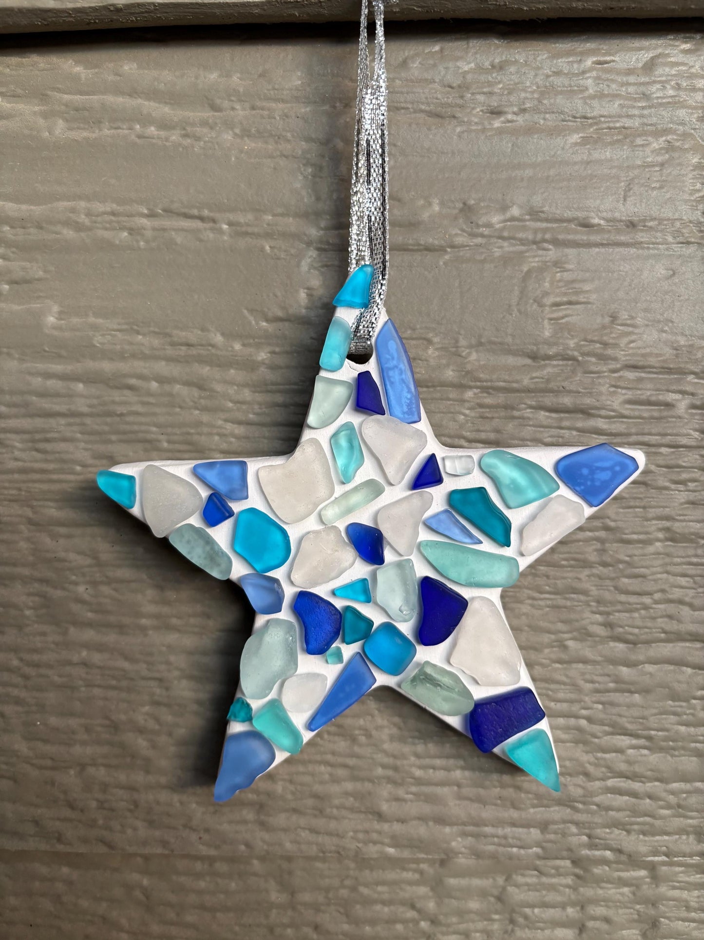 Handmade Scottish Sea Glass Star Ornament in Shades of Blue, White and Teal