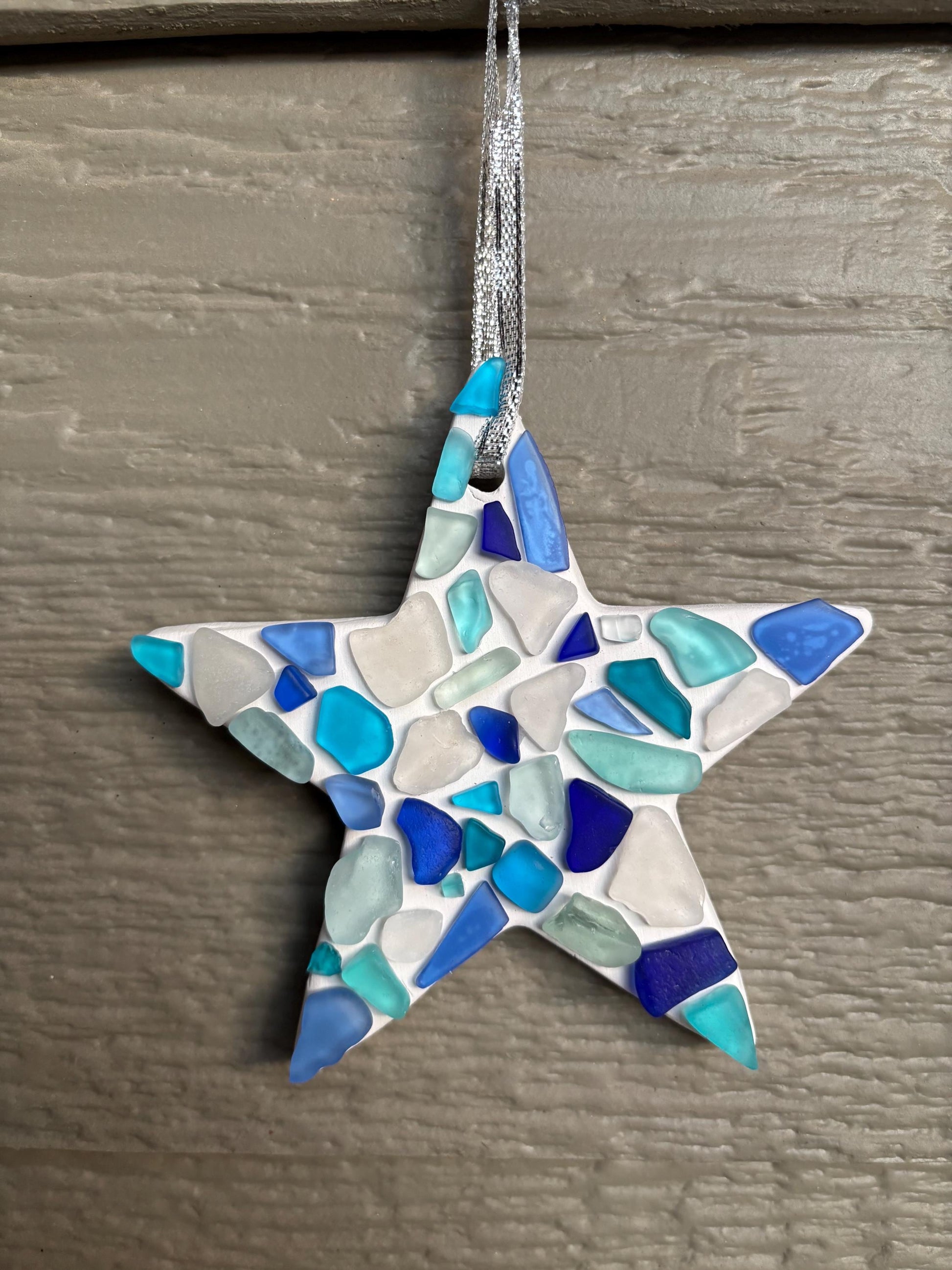 Handmade Scottish Sea Glass Star Ornament in Shades of Blue, White and Teal