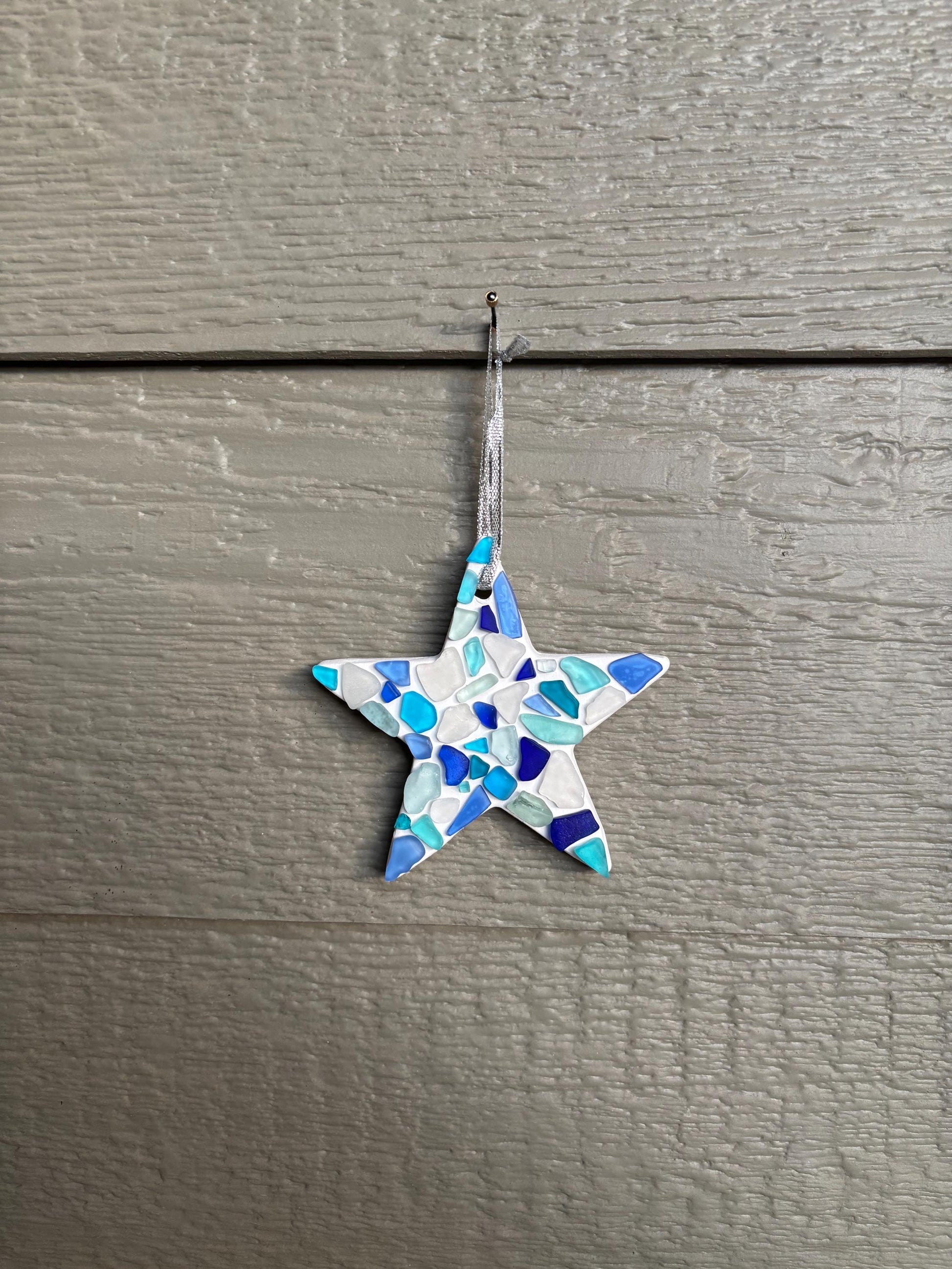 Handmade Scottish Sea Glass Star Ornament in Shades of Blue, White and Teal