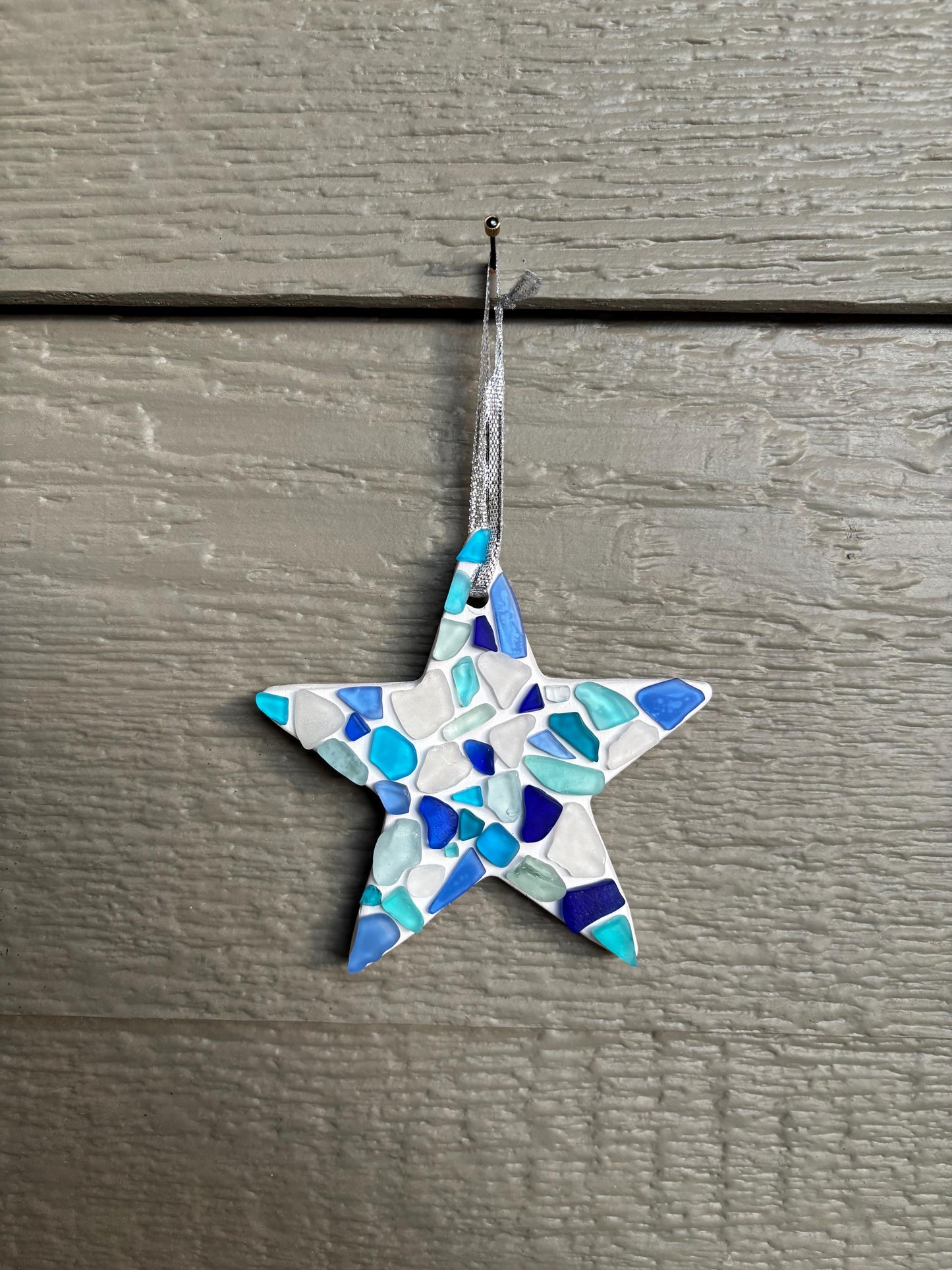 Handmade Scottish Sea Glass Star Ornament in Shades of Blue, White and Teal