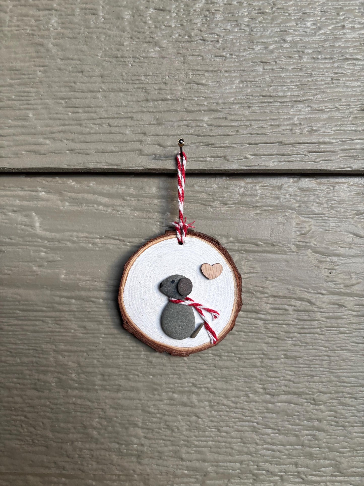 Handmade Dog Pebble Art Christmas Ornament | Wood Slice