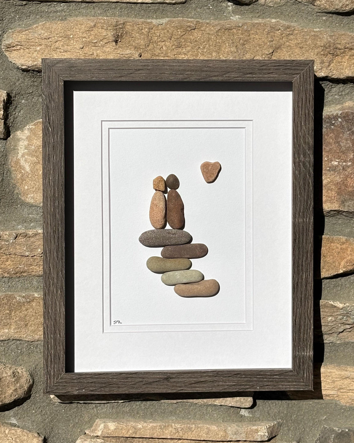 Pebble Art Couple on Stone Steps | Framed 9x11 Handmade Wall Decor