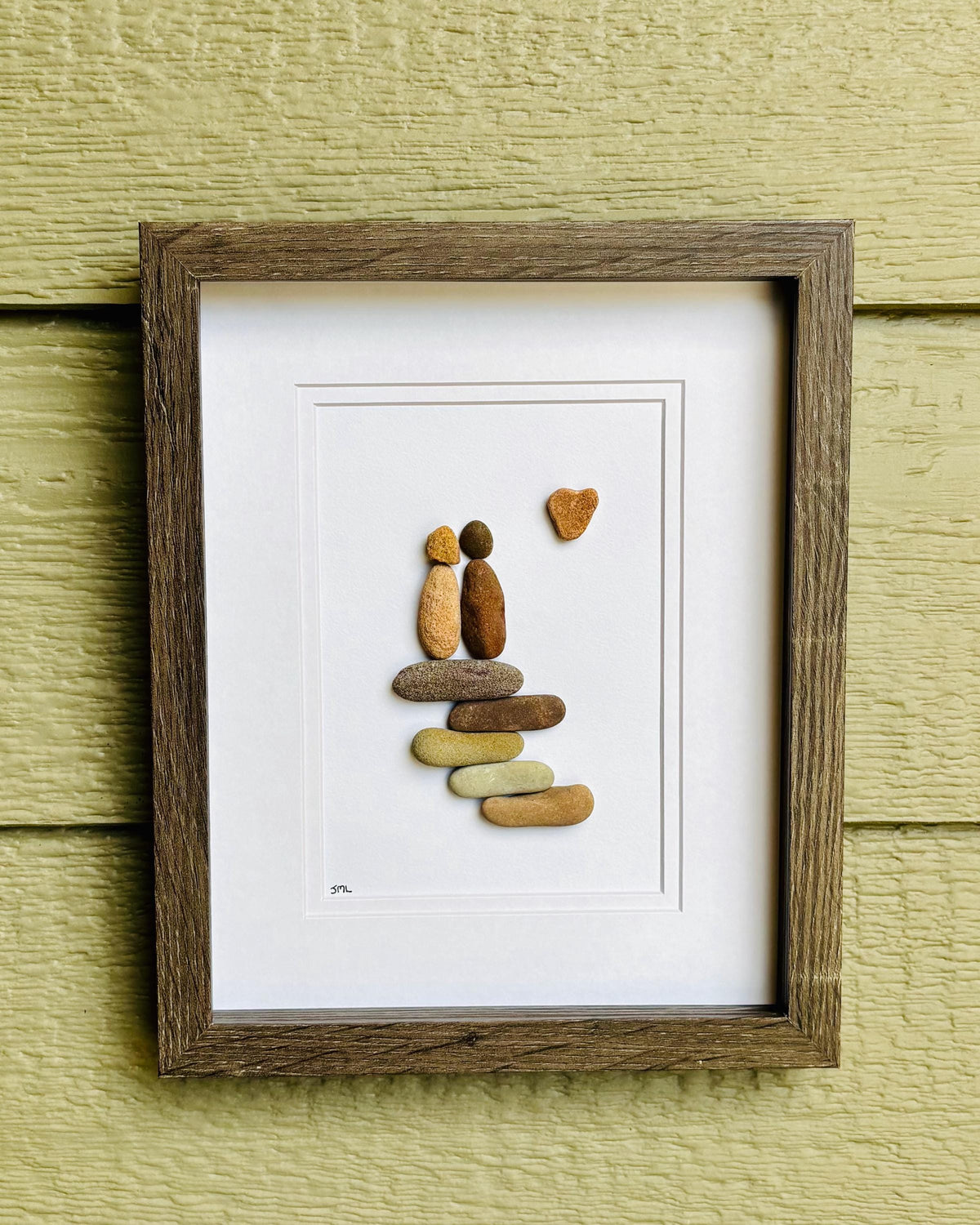 Pebble Art Couple on Stone Steps | Framed 9x11 Handmade Wall Decor