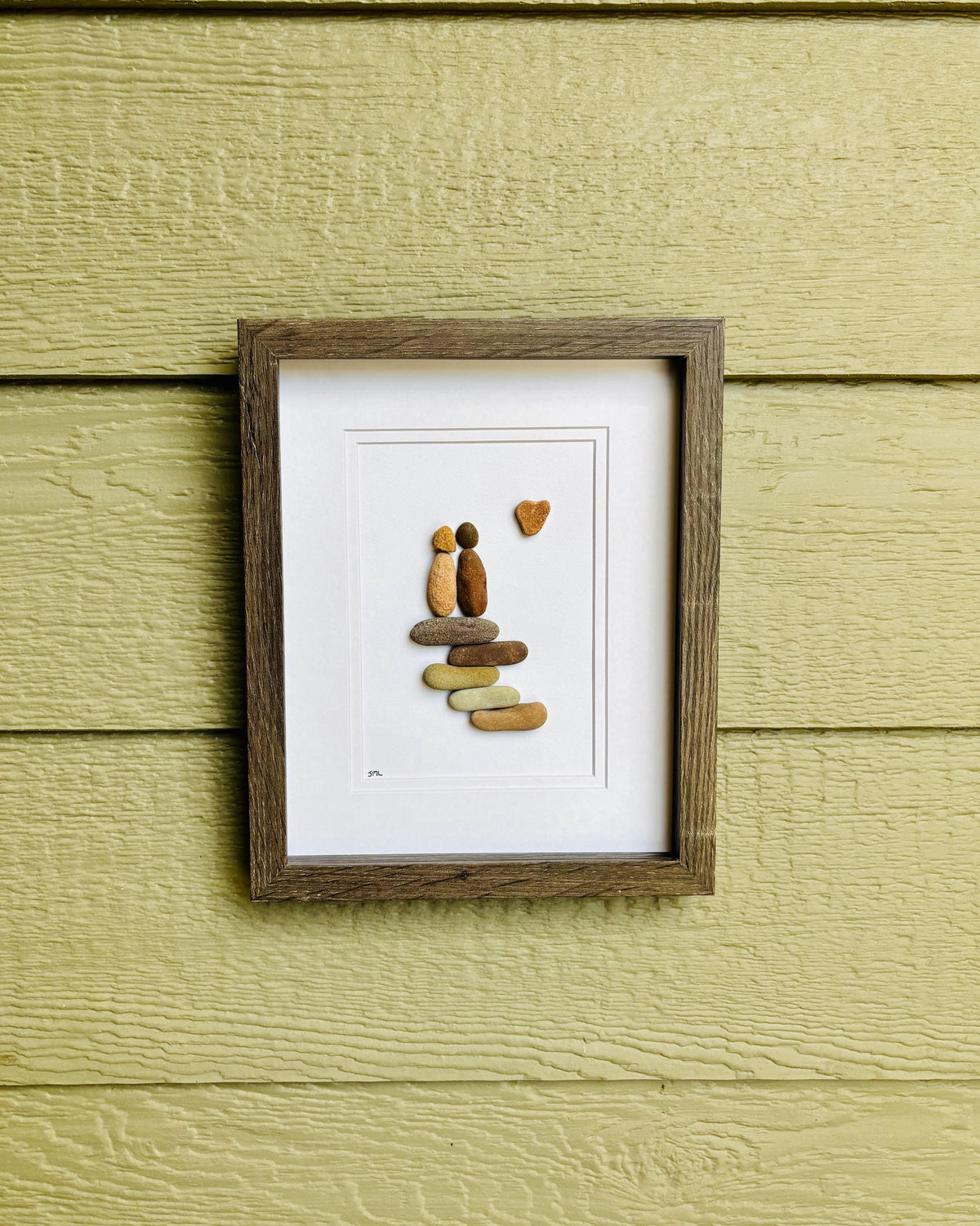 Pebble Art Couple on Stone Steps | Framed 9x11 Handmade Wall Decor