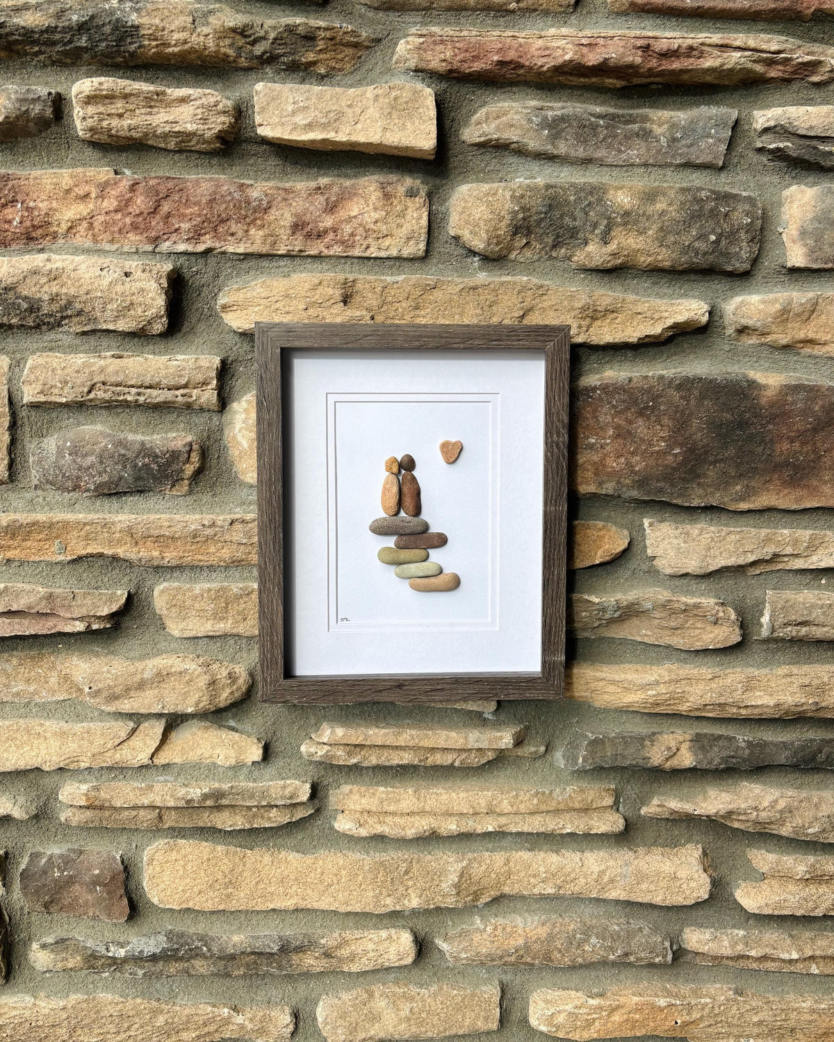 Pebble Art Couple on Stone Steps | Framed 9x11 Handmade Wall Decor