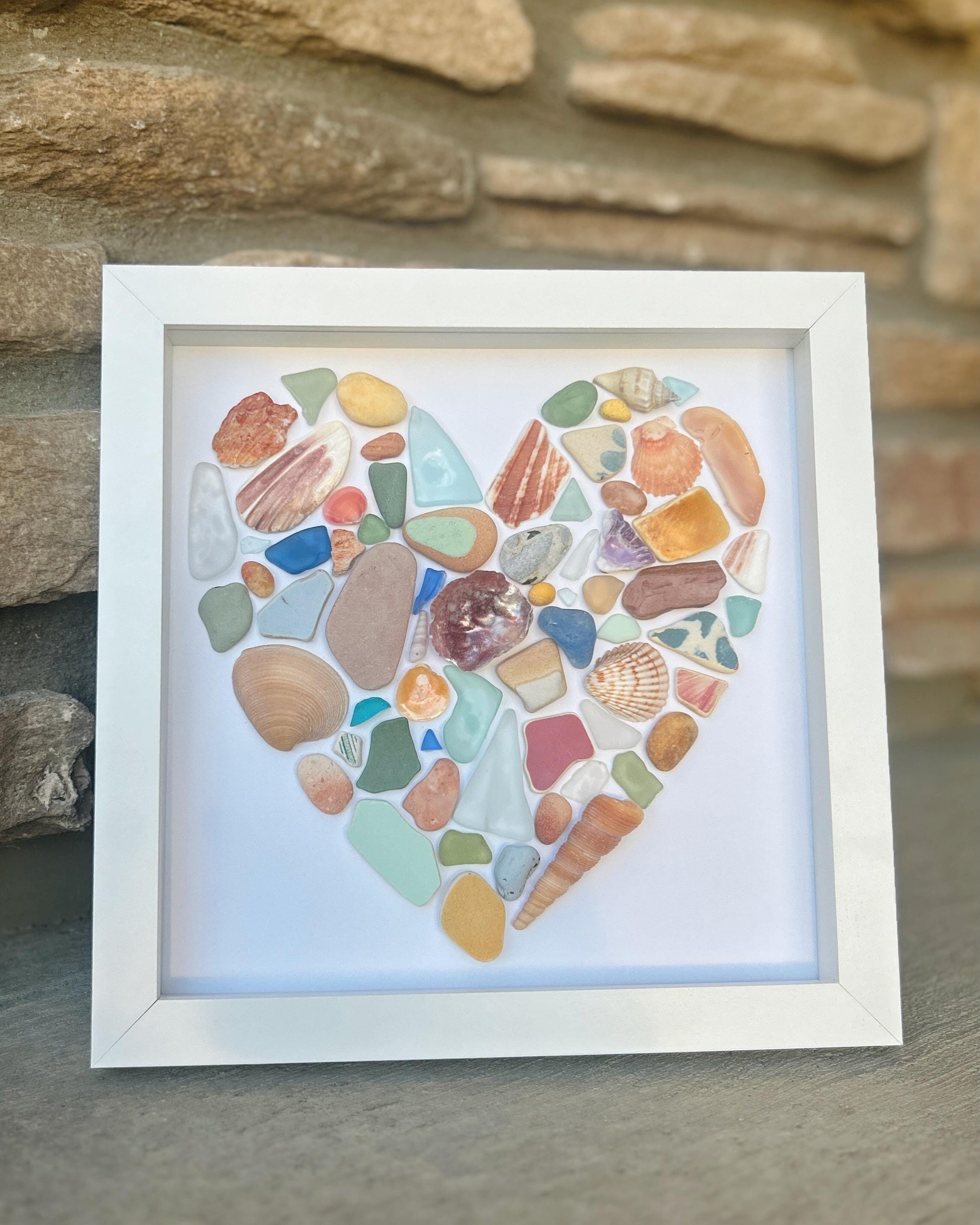 Sea Glass Heart Art | Scottish Shell & Pottery Mosaic, Coastal Decor
