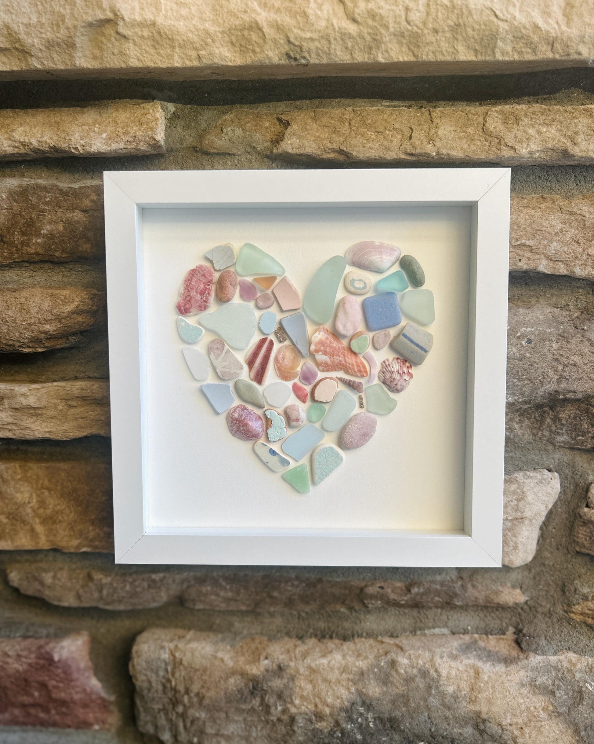Sea Glass Heart Art | 9x9 Framed Coastal Collage
