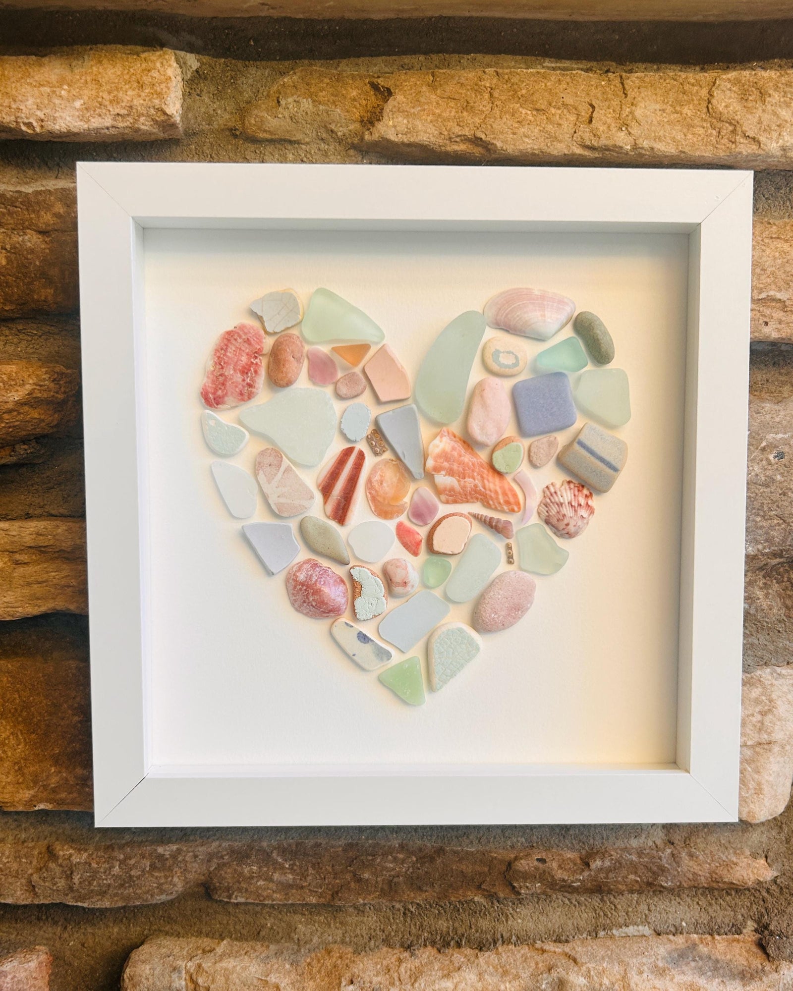 Colorful Heart Beach Collage | 9x9 Framed Sea Glass, Shell & Pottery Art | Handmade Coastal Wall Decor | Scottish Sea Glass and Shells