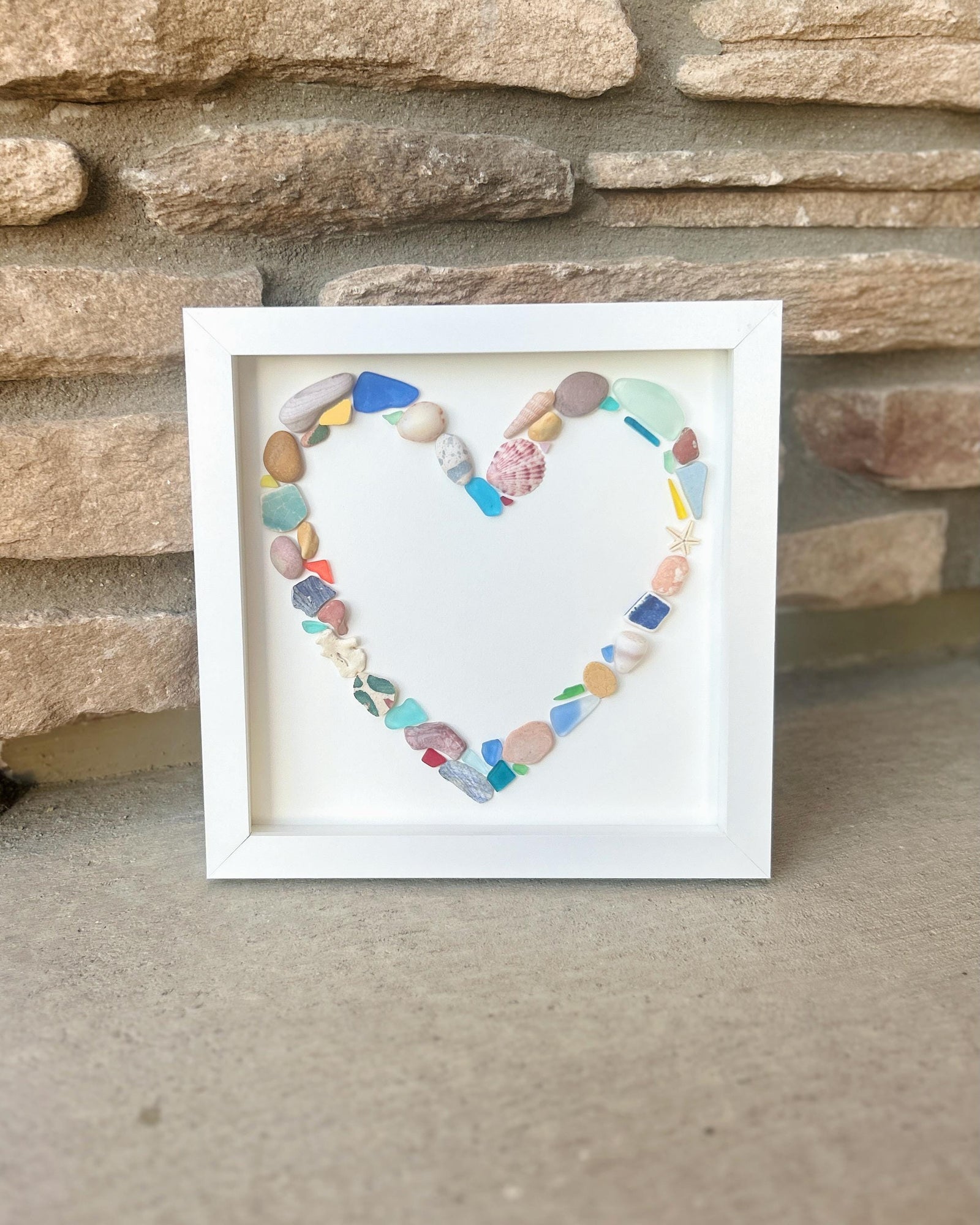 Colorful Heart Beach Collage Made of Scottish Sea Glass, Shells, Sea Pottery and Pebbles, 9x9 Framed Handmade Original Wall Decor
