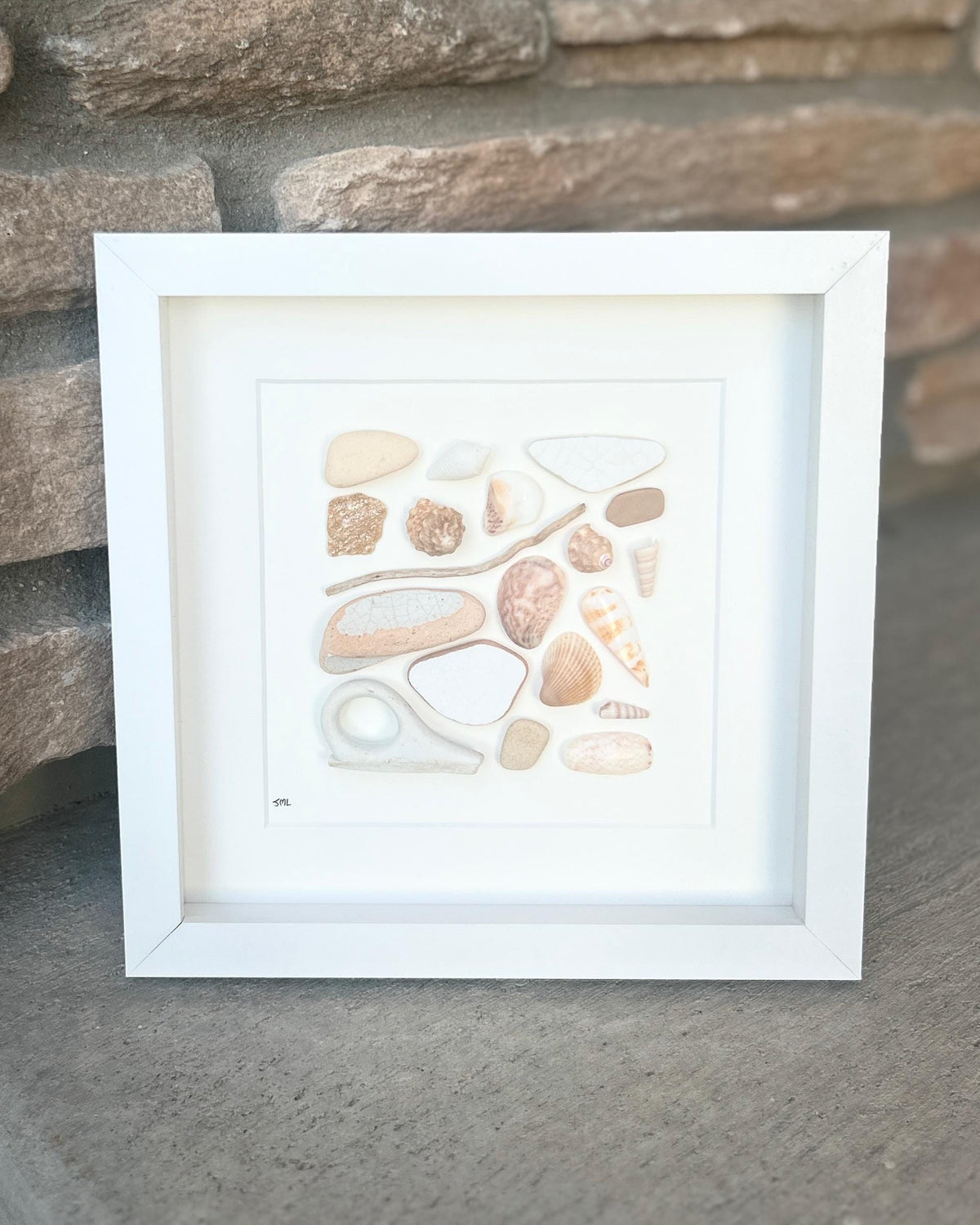 Delicate Beach Art in Shades of Orange and Yellow | Sea Treasures | 8x8 Sea Glass, Shell & Pebble Collage | Handmade Coastal Decor