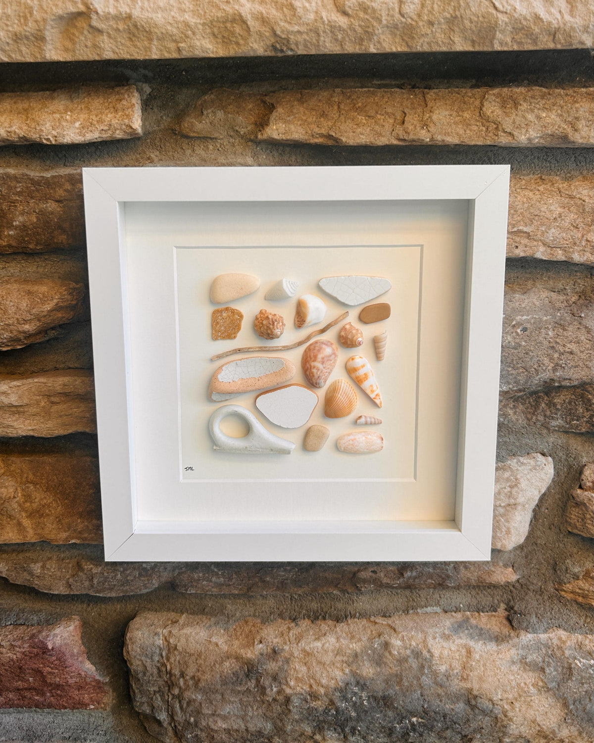 Delicate Beach Art in Shades of Orange and Yellow | Sea Treasures | 8x8 Sea Glass, Shell & Pebble Collage | Handmade Coastal Decor