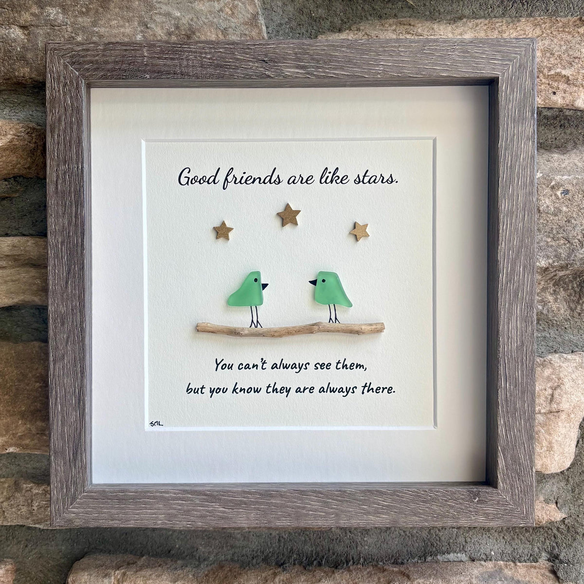 Good Friends Are Like Stars, Framed Sea Glass Art Gift for Close Friend (9x9”)