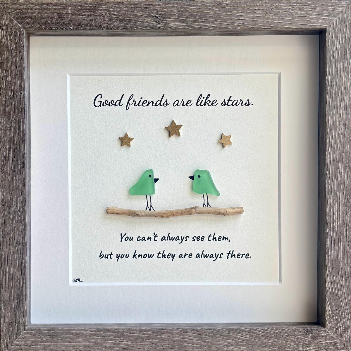 Good Friends Are Like Stars, Framed Sea Glass Art Gift for Close Friend (9x9”)