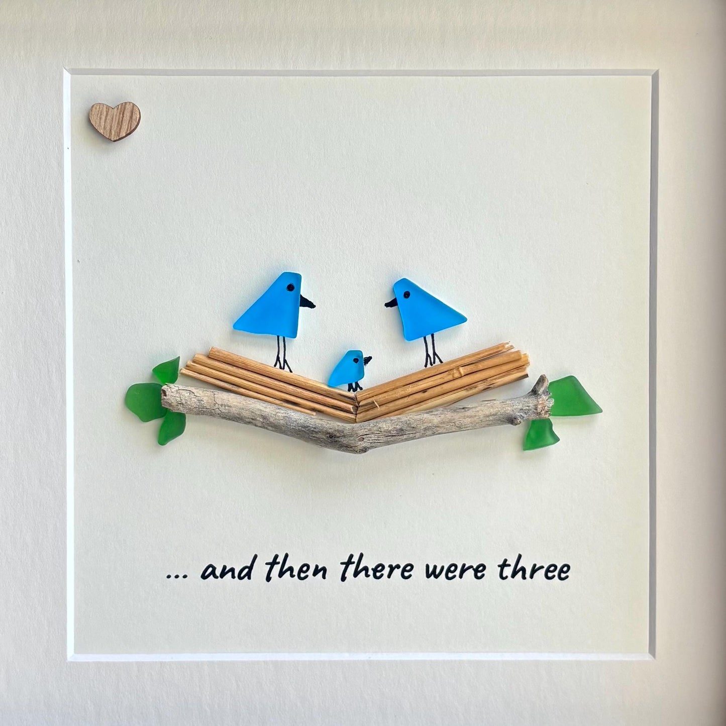 Sea Glass Bird Family Art, Personalized New Baby Gift, 8x8 Framed