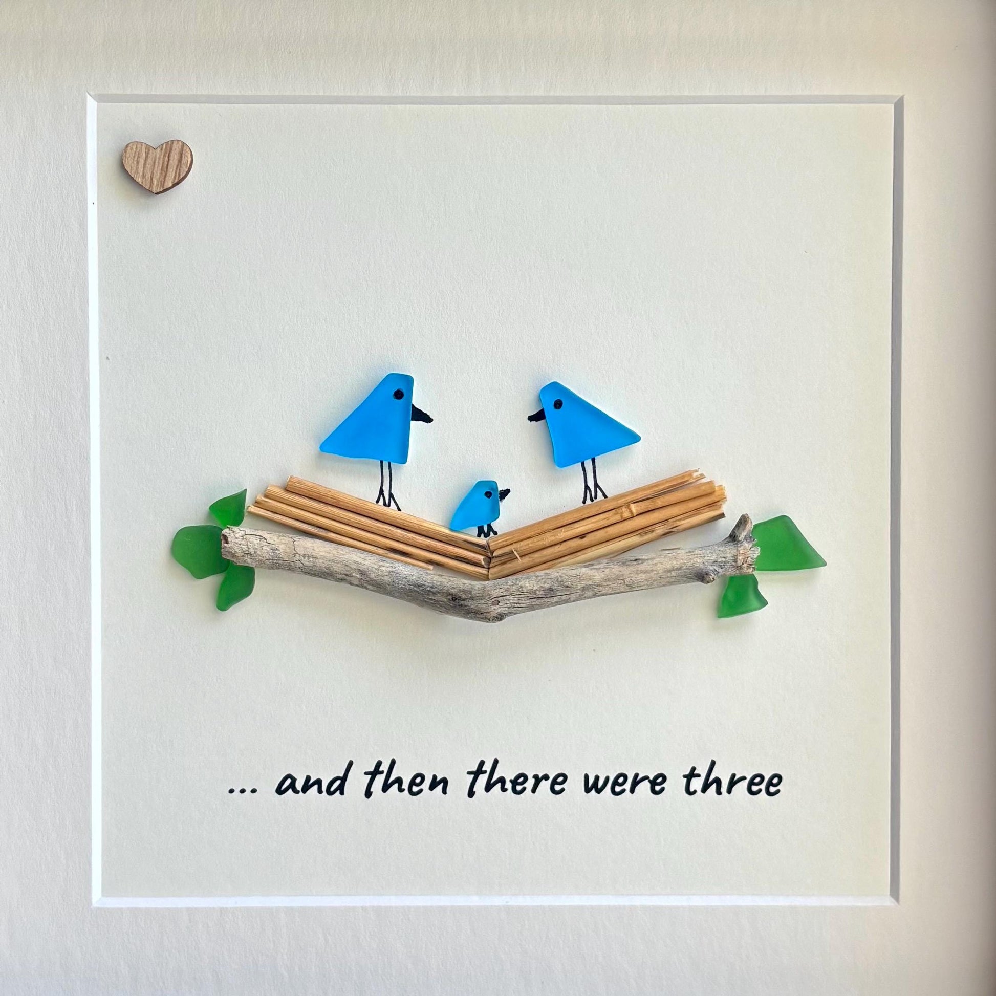 Sea Glass Bird Family Art, Personalized New Baby Gift, 8x8 Framed
