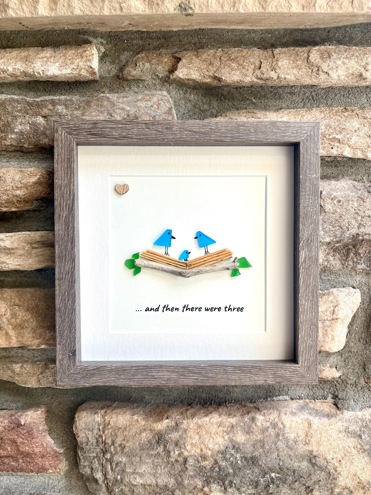 Sea Glass Bird Family of Three, 8x8 Personalized Framed Picture, New Baby Gift, Mother’s Day Gift, Handmade Artwork, New Parents Gift