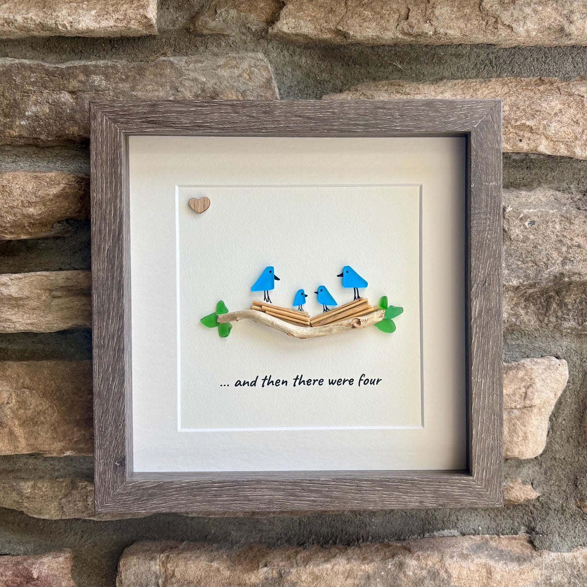 Sea Glass Bird Family of Four, 8x8 Personalized Framed Picture, New Baby Gift, Mother’s Day Gift, Handmade Artwork, New Parents Gift