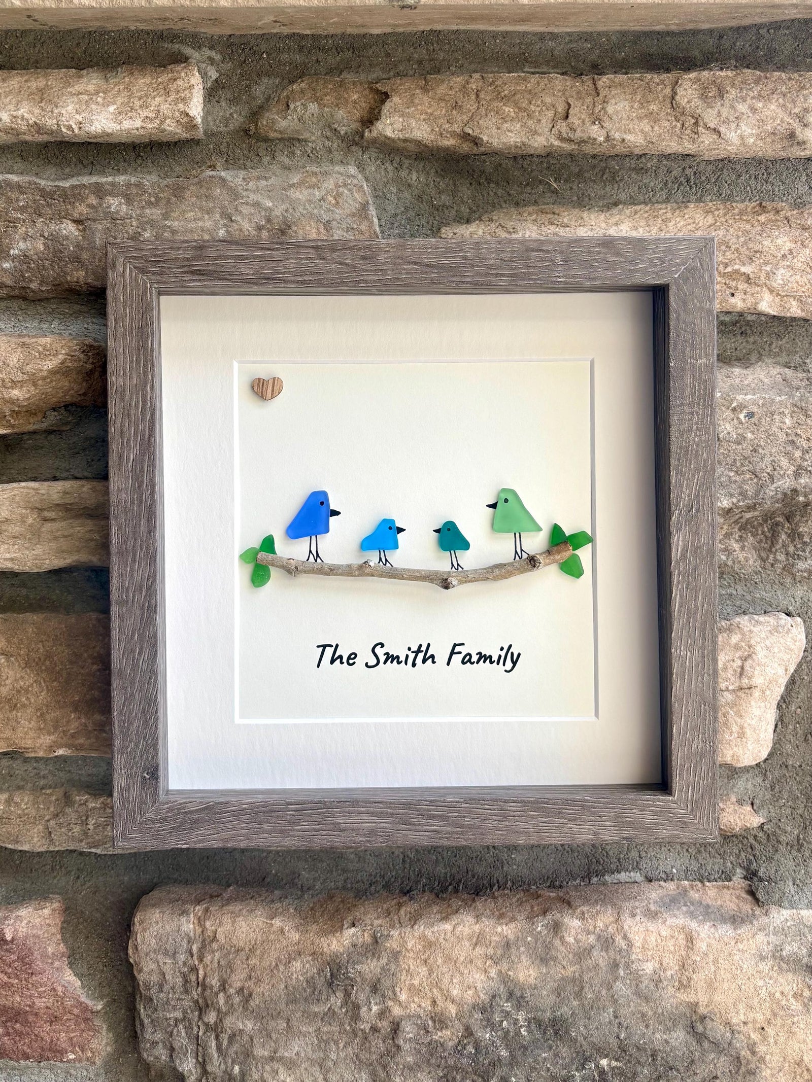 Personalized Sea Glass Bird Family Picture, Family of 3, 4, 5 or 6, 8x8 Framed Wall Art