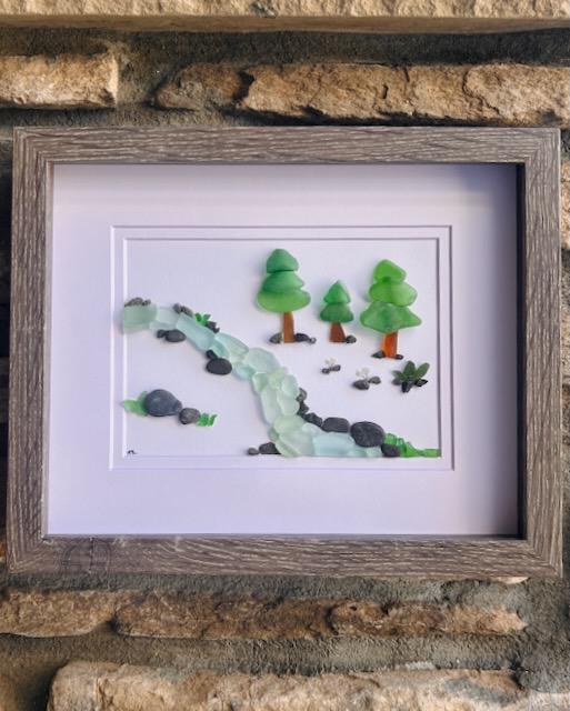 Sea Glass River Art with Trees – Handmade Nature Wall Decor | Sea Glass Stream