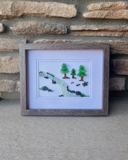 Sea Glass River Art with Trees – Handmade Nature Wall Decor | Sea Glass Stream