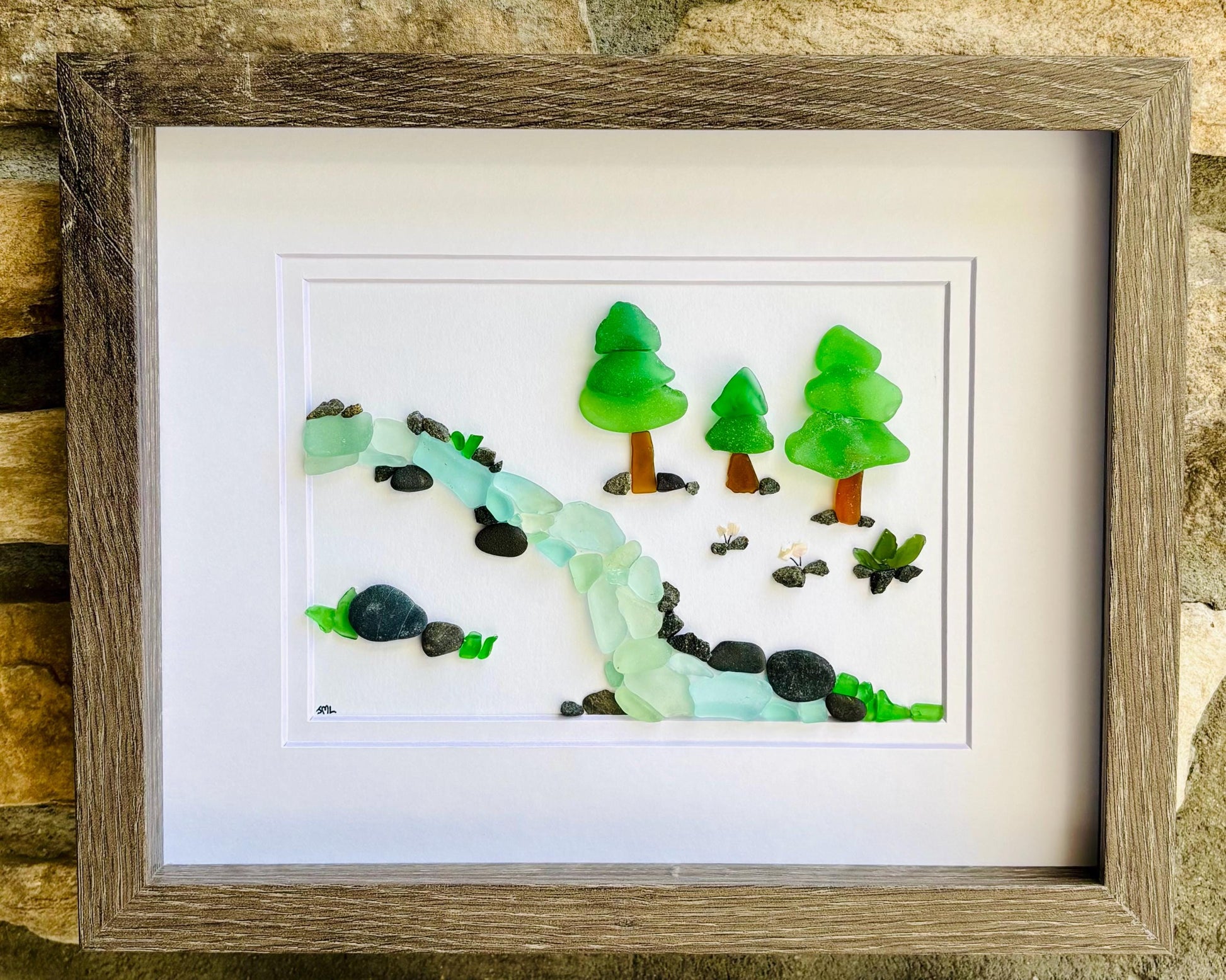 Sea Glass River Art with Trees – Handmade Nature Wall Decor | Sea Glass Stream