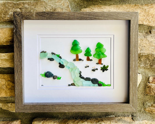 Sea Glass River Art with Trees – Handmade Nature Wall Decor | Sea Glass Stream