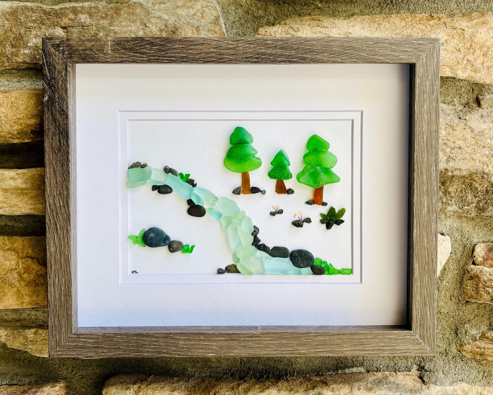 Sea Glass River Art with Trees – Handmade Nature Wall Decor | Sea Glass Stream