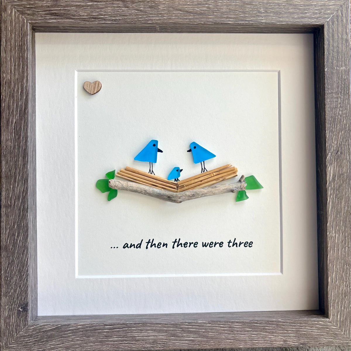 Sea Glass Bird Family of Three, 8x8 Personalized Framed Picture, New Baby Gift, Mother’s Day Gift, Handmade Artwork, New Parents Gift
