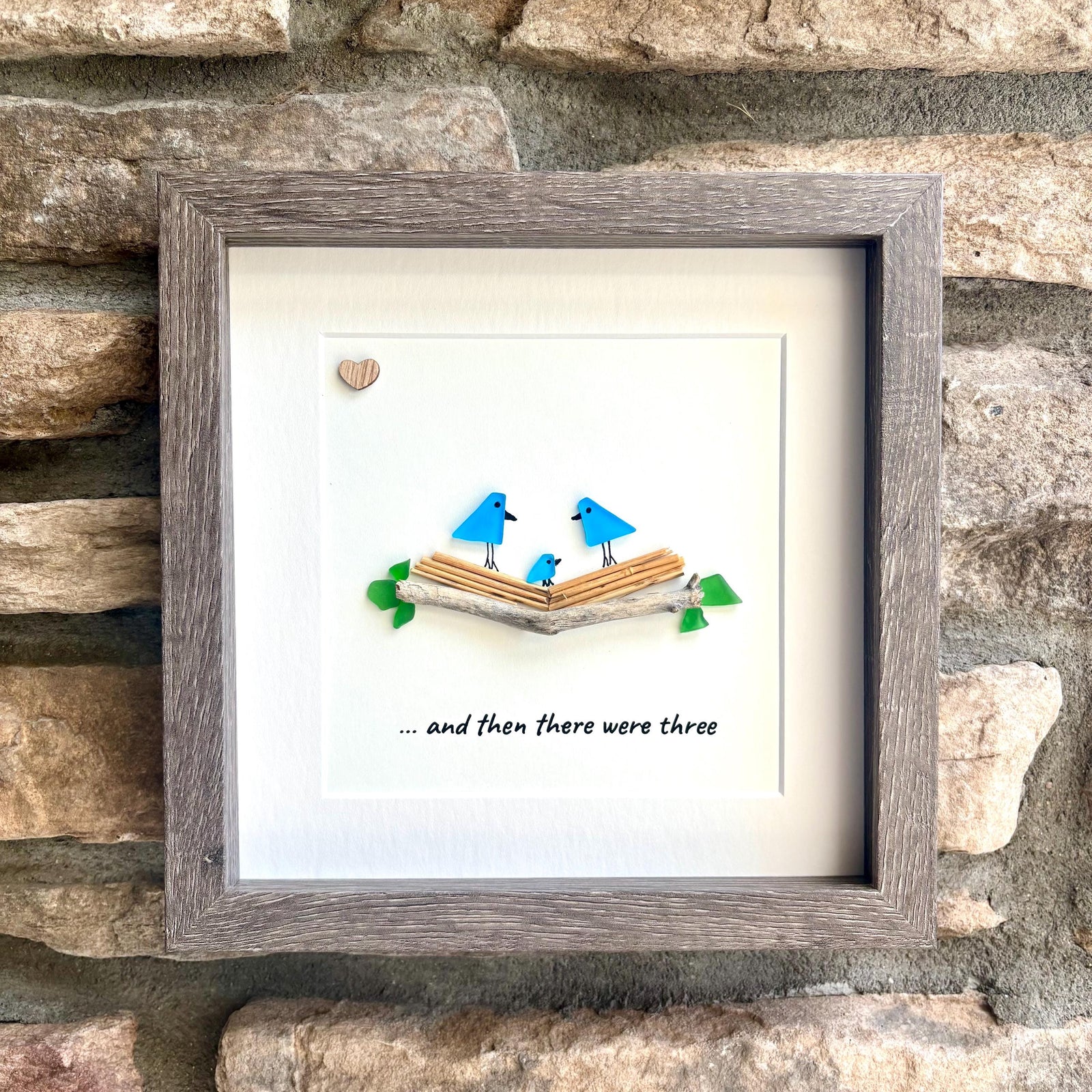 Sea Glass Bird Family of Three, 8x8 Personalized Framed Picture, New Baby Gift, Mother’s Day Gift, Handmade Artwork, New Parents Gift