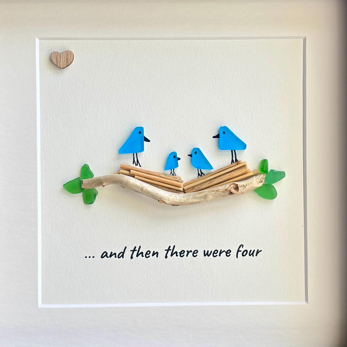 Sea Glass Bird Family of Four, 8x8 Personalized Framed Picture, New Baby Gift, Mother’s Day Gift, Handmade Artwork, New Parents Gift