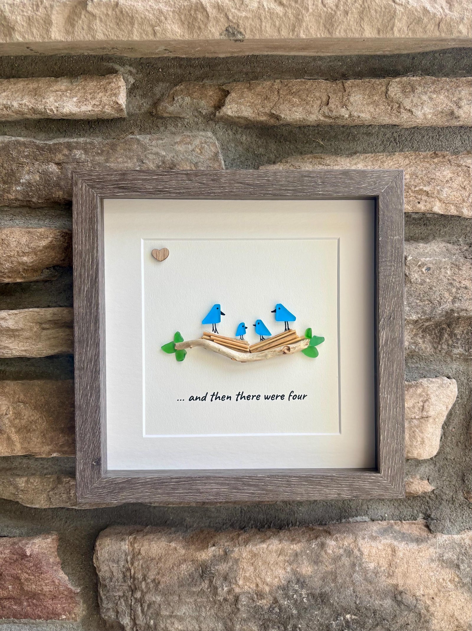 Sea Glass Bird Family of Four, 8x8 Personalized Framed Picture, New Baby Gift, Mother’s Day Gift, Handmade Artwork, New Parents Gift