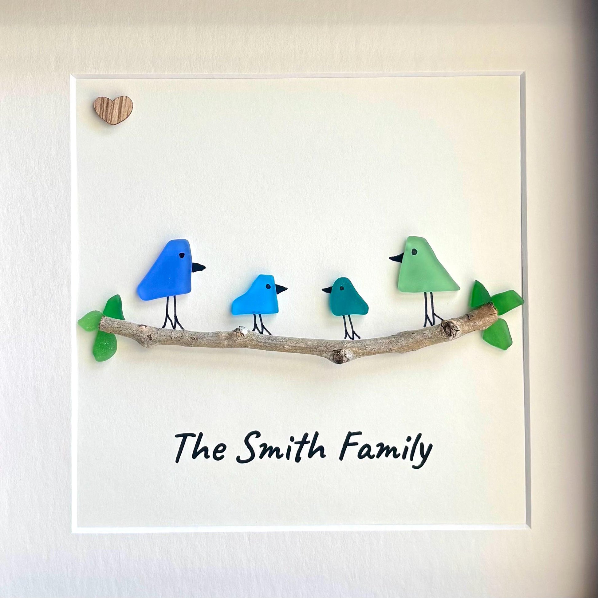 Personalized Sea Glass Bird Family Picture, Family of 3, 4, 5 or 6, 8x8 Framed Wall Art