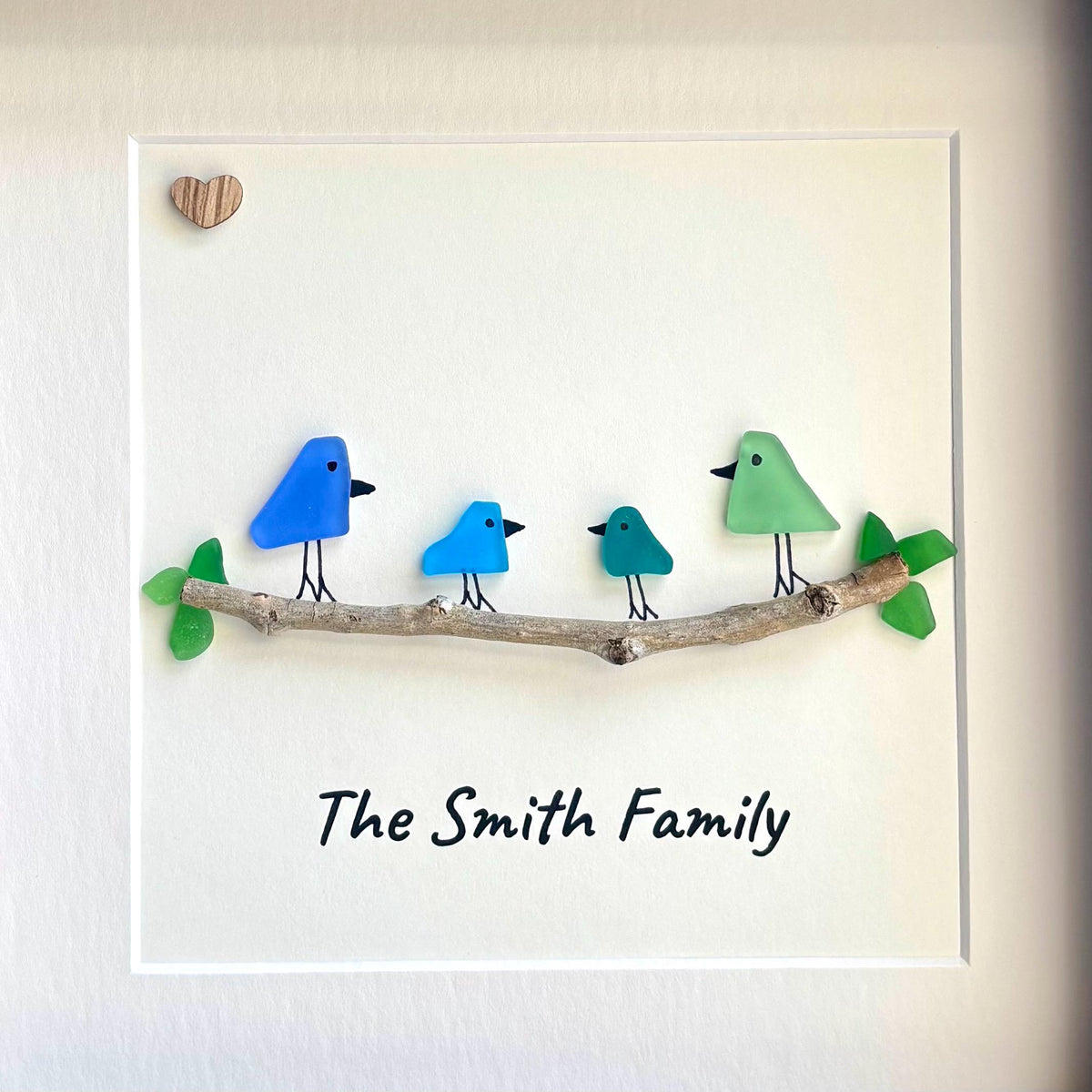 Personalized Sea Glass Bird Family Picture, Family of 3, 4, 5 or 6, 8x8 Framed Wall Art