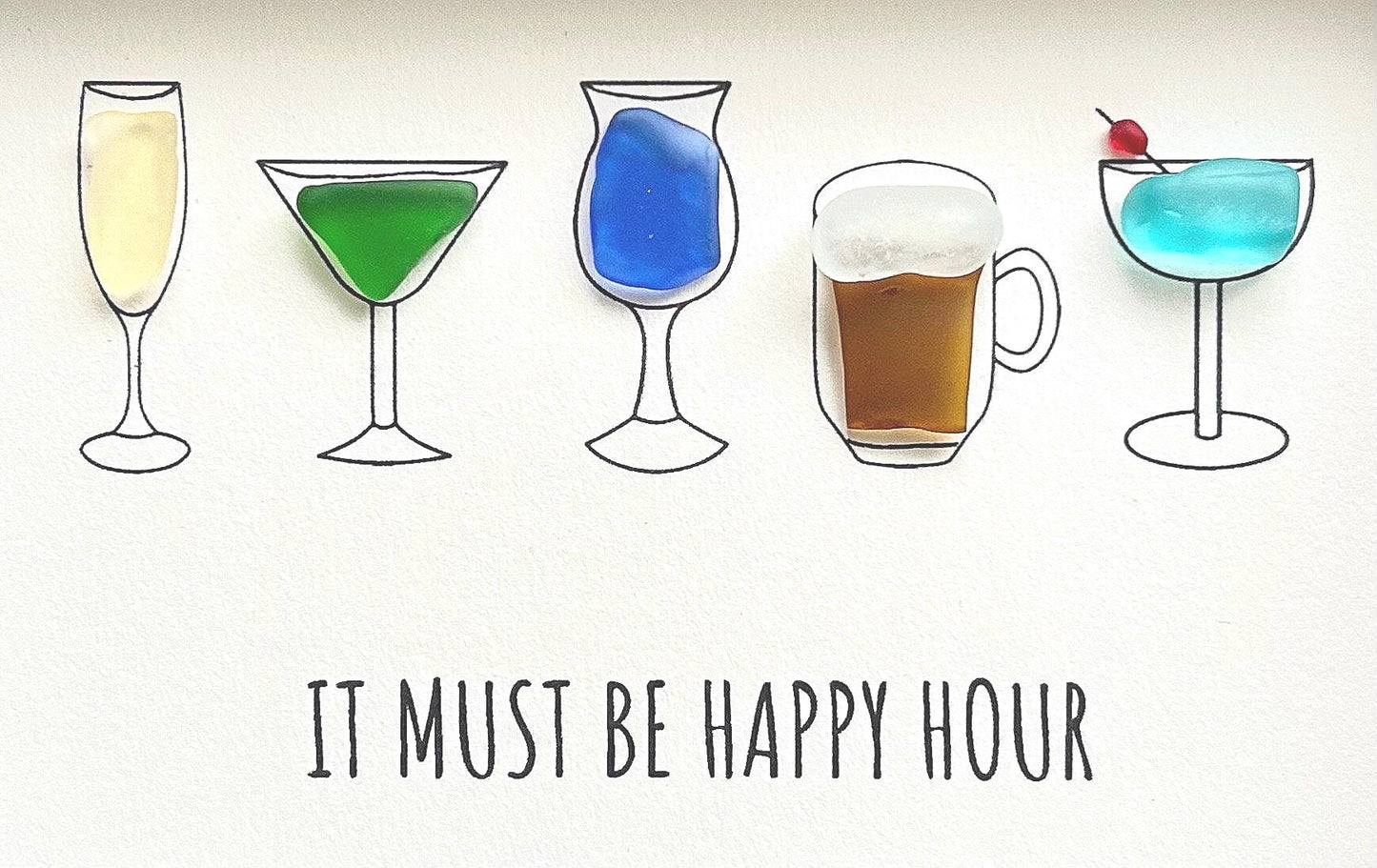 Happy Hour Sea Glass Art, Cocktail Wall Decor, Bar Cart Decor, Framed Drink Art, Kitchen Bar Sign, Housewarming Gift, Gift for Friend