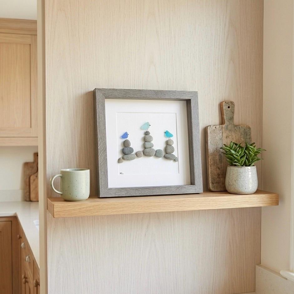 Sea Glass Birds on Rock Piles, 9 x 9 Framed Original Handmade Pebble Beach Art, Minimalist Beach Decor