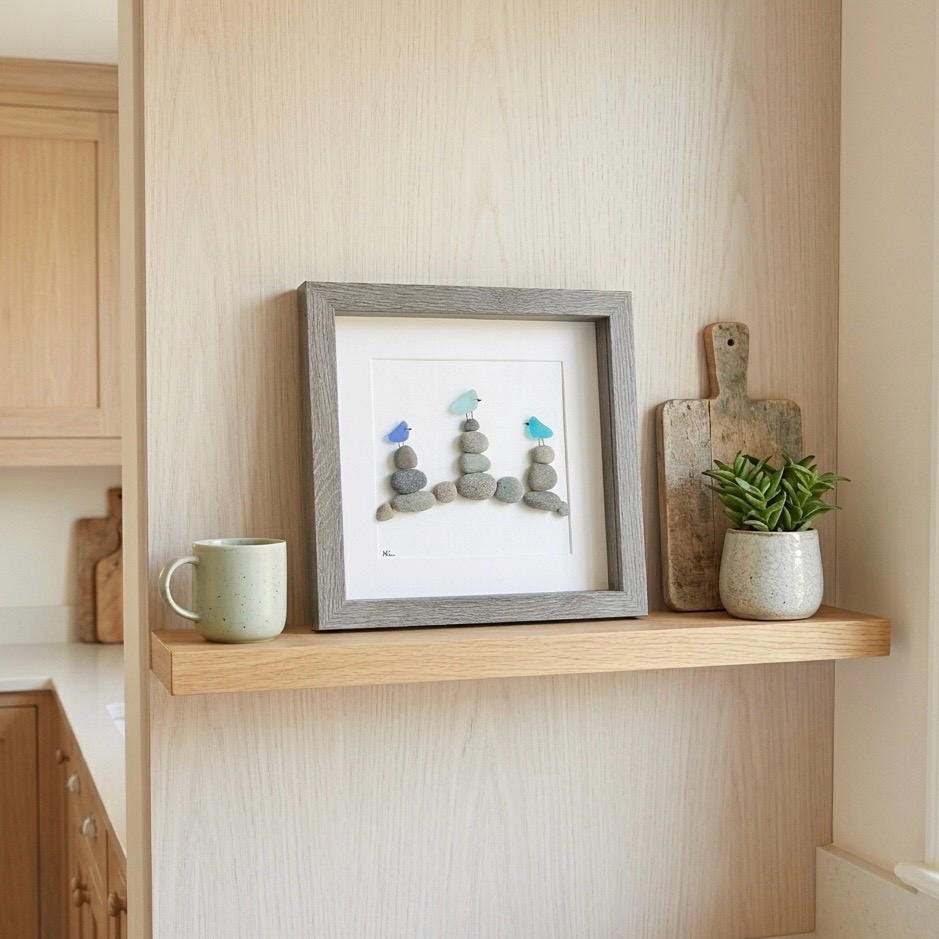 Sea Glass Birds on Rock Piles, 9 x 9 Framed Original Handmade Pebble Beach Art, Minimalist Beach Decor