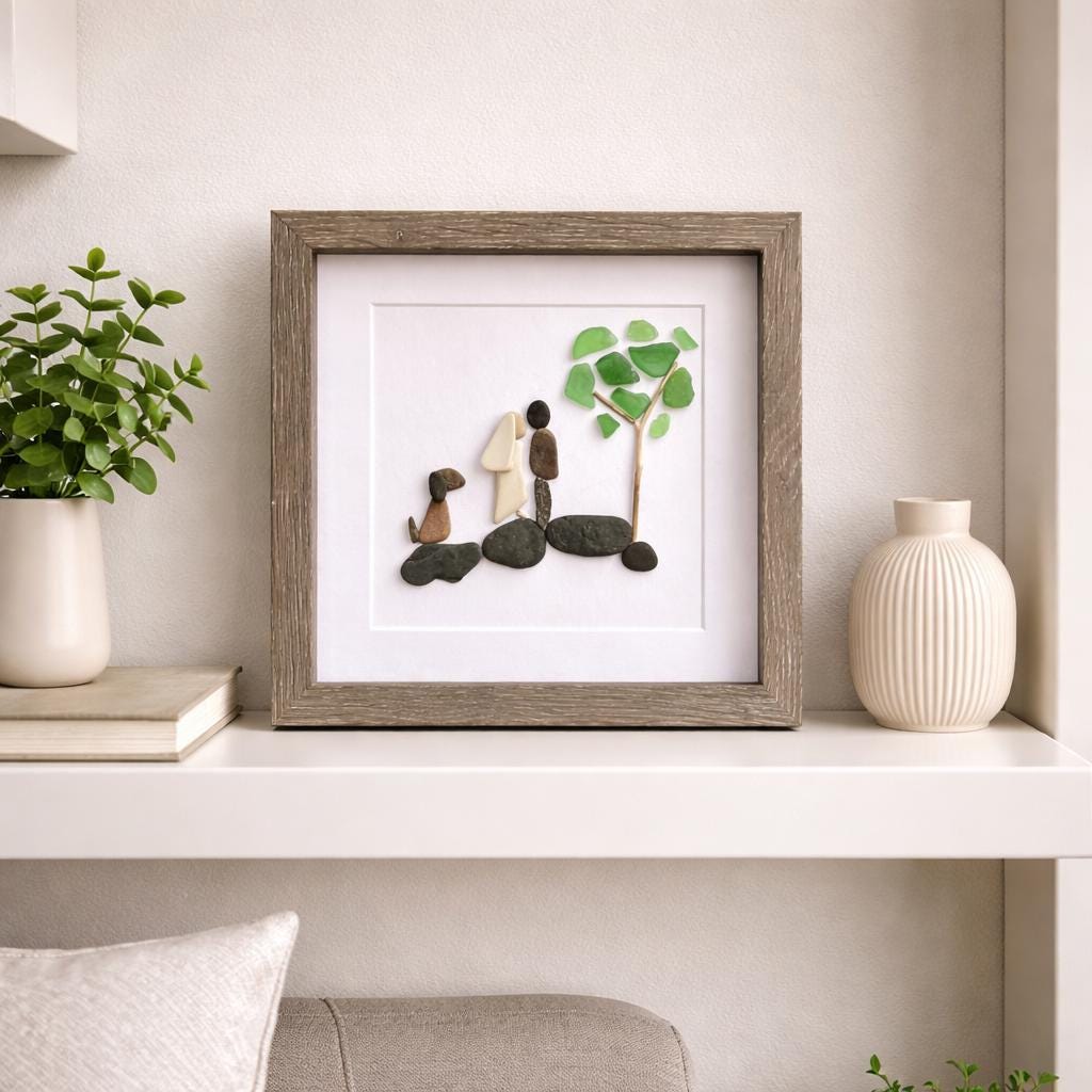 Pebble Art Wedding Gift with Dog – Handmade Newlywed Portrait