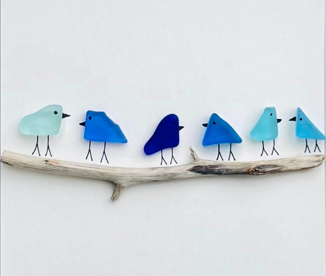 Blue Sea Glass Birds on Drift Wood