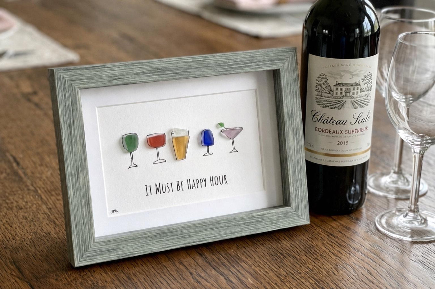 Happy Hour Sea Glass Art, Cocktail Wall Decor, Bar Cart Decor, Framed Drink Art, Kitchen Bar Sign, Housewarming Gift, Gift for Friend