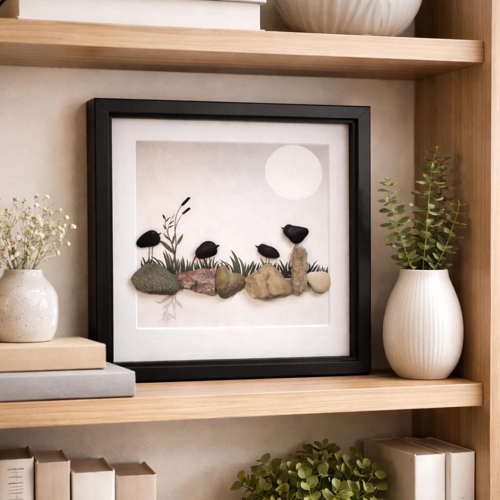 Crow or Black Bird Pebble Art, Handmade Coastal Art, 8x8 Framed Art